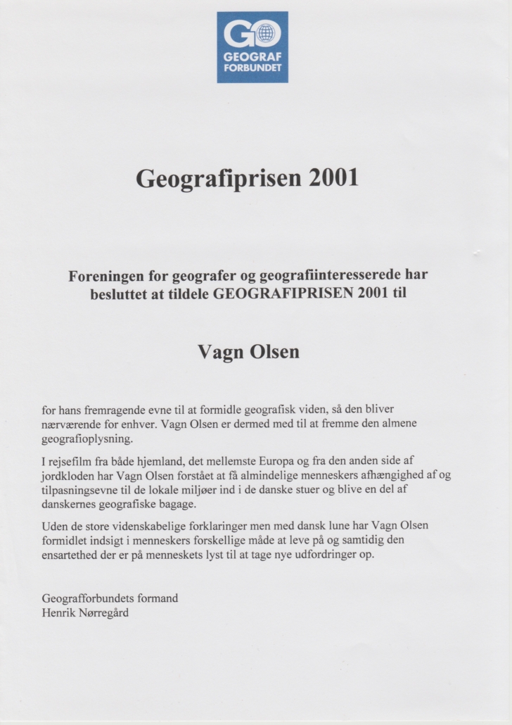 Hædersbevis - Geografiprisen 2001
